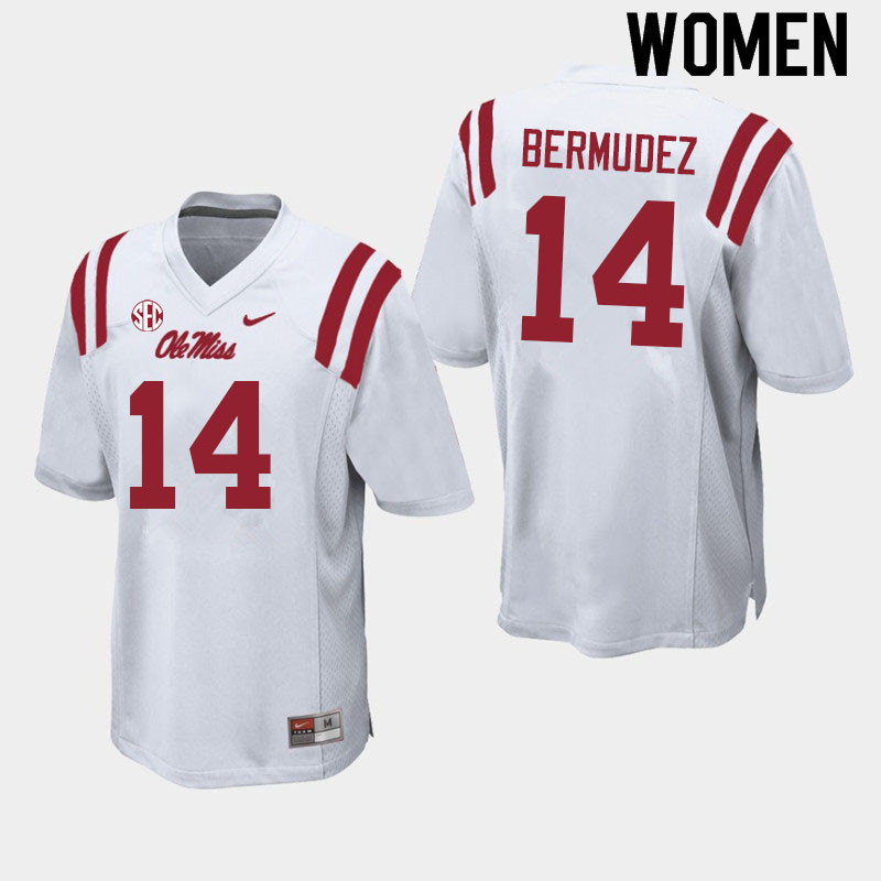 Women #14 Derek Bermudez Ole Miss Rebels College Football Jerseys Sale-White